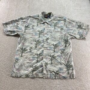 Route 66 Shirt Mens Large Hawaiian Map‎ Palm Tree Print Cotton Button Up